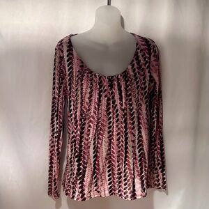 Modern Print Long Sleeve Mesh Blouse Scoop Neck, Size Medium